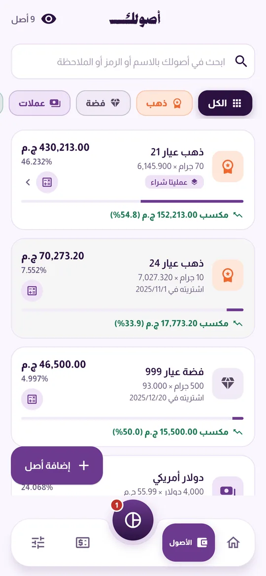 قائمة الأصول مع مكسب كل أصل